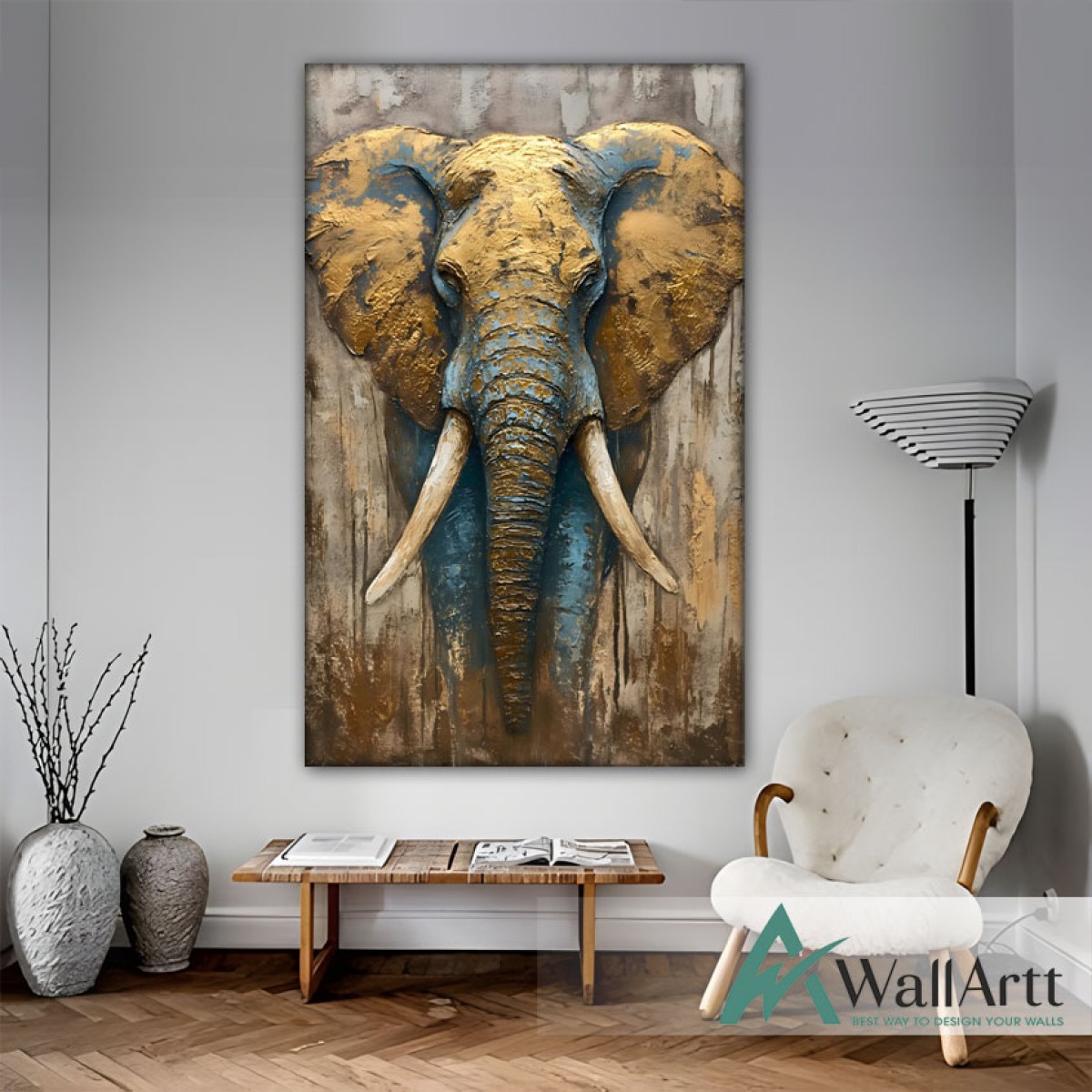 Gold Blue Elephant 3D Heavy Textured Partial Oil Painting